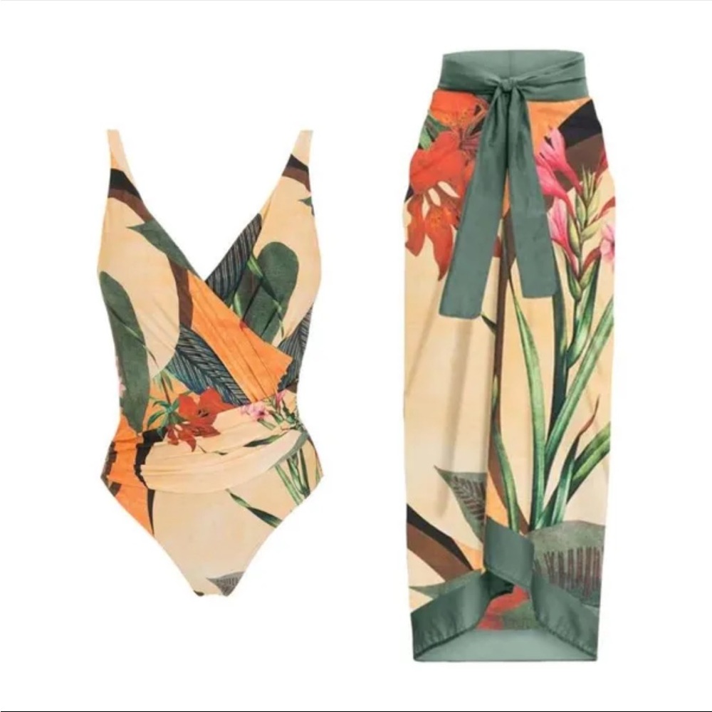 Floral Print One-Piece Swimsuit and Sarong Set